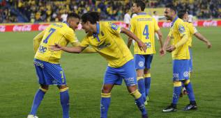 Los jugadores del Las Palmas celebran el tanto de Boateng. 