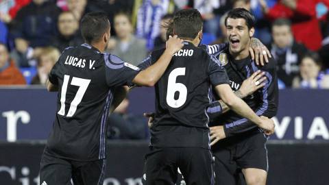 Morata celebra uno de sus goles al Leganés.